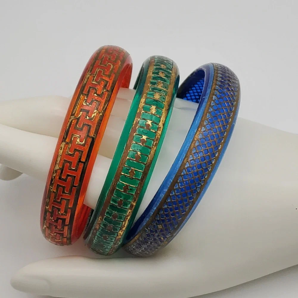 Vintage Acrylic Bangle Bracelet Set Blue Green Orange Gold Tone Geometric Boho